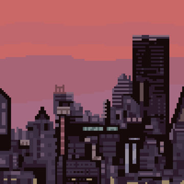 Pixel Art City Building Sunset