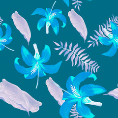 Violet Tropical Palm. Cobalt Seamless Leaf. Purple Pattern Nature. Blue Floral Illustration. Navy Flower Texture. Lavender Decoration Background. Drawing Nature.