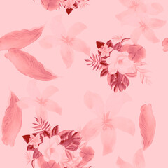 Fototapeta na wymiar Pink Seamless Exotic. White Pattern Hibiscus. Gray Tropical Leaf. Coral Flower Textile. Flora Hibiscus. Watercolor Background. Floral Plant. Summer Nature.