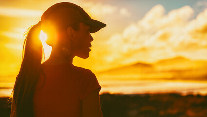 Woman silhouette profile walking outside looking away to the side with motivation. Healthy active...
