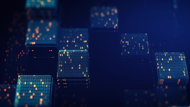  Block chain concept. Big data binary code futuristic information technology, data flow. Transferring of big data.  interconnected blocks of data depicting a cryptocurrency blockchain . 3D Rendering.