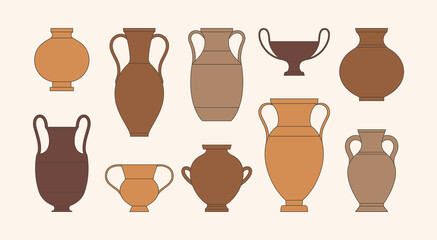 Greek Vases in A Trendy Minimal Linear Style. Vector Illustrations of various Clay Vessels