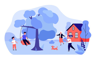 Grandmother greeting children playing outside. Grandson swinging on swing on tree branch flat vector illustration. Family, outdoor activity concept for banner, website design or landing web page