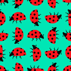 Fototapeta premium Ladybug pixel art pattern seamless. 8 bit Red small bug background. beetle vector texture