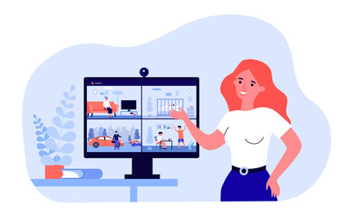 Female security service worker showing screen with CCTV footage. Videos of people at home and outside on monitor flat vector illustration. Surveillance, protection concept for banner, website design