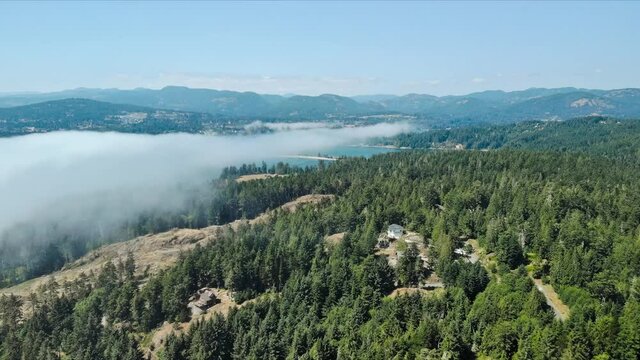 Aerial time lapse of a bank of sea fog moving down a bay over a the rugged Vancouver Island coastline. - 4K 24FPS