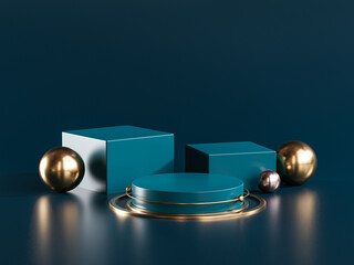 Three Podium Stage Gold Sphere Dark Teal Display Product 3D Rendering © natanaelginting