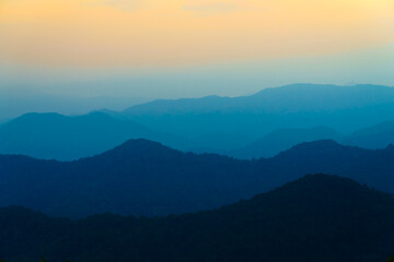 Morning sun light amid nature at the mountains range at Mae Kampong, Chiang Mai, Thailand.