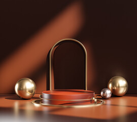 Classic Architectural Pedestal Podium Stage Door Dark Orange Gold Sphere Display Product 3D Rendering © natanaelginting