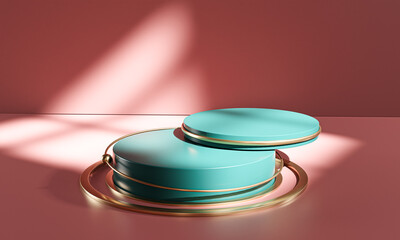 Two Stack Podium Stage Circle Pink Green Gold Display Product 3D Rendering