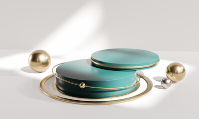 Two Stack Podium Stage Circle White Green Gold Display Product 3D Rendering © natanaelginting
