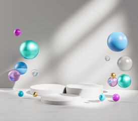 Three Pedestial Podium Stage Colorful Balls Display Product 3D Rendering © natanaelginting