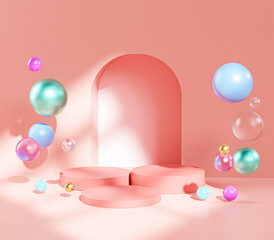 Three Pink Pedestal Podium Stage Door Colorful Balls Sphere Display Product 3D Rendering © natanaelginting