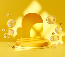 Yellow Pedestal Podium Stage Door Glass Balls Sphere Display Product 3D Rendering