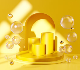 Three Yellow Pedestal Podium Stage Door Glass Balls Sphere Display Product 3D Rendering © natanaelginting