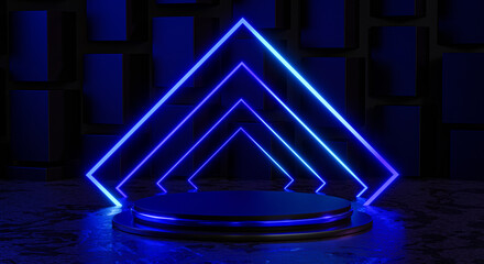 Blue Square Neon Light Podium Stage Round Black Dark Display Product 3D Rendering © natanaelginting