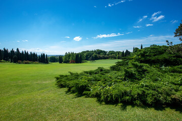 Landscape view of a large garden with manicured lawn and trees