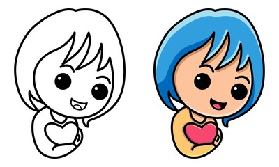 Cute girl holding love sign coloring page for kids