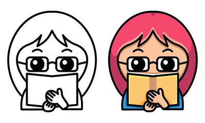 girl with eyeglasses holding a book coloring page for kids