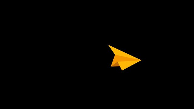 Yellow colored flying paper plane animated in alpha channel (transparent background).