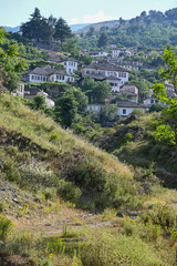 Fototapeta na wymiar Blick auf die Wohnhäuser Steinhäuser in Gjirokastra, Albanien