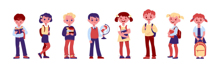 Set of vector illustrations of children schoolchildren in a flat cartoon style. Pupils with school backpacks and books.