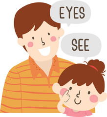 Kid Girl Dad Teach Body Part Eyes See Illustration