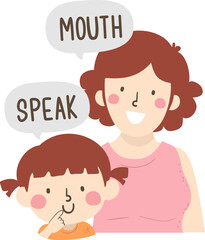 Girl Mom Teach Body Part Mouth Speak Illustration