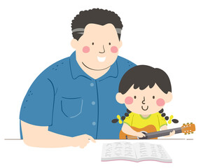 Kid Girl Dad Teach Guitar Song Book Illustration