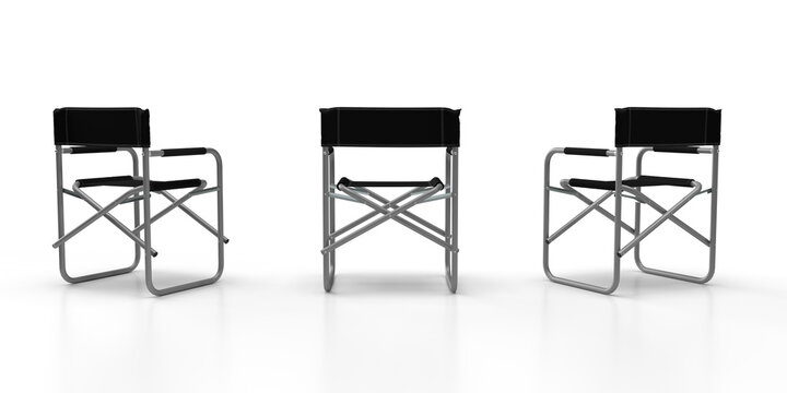 Directors Chairs 3d render of three aluminum constructed folding directors chairs with black seat material and black back rests with stitch lines isolated on a white background, Back View.