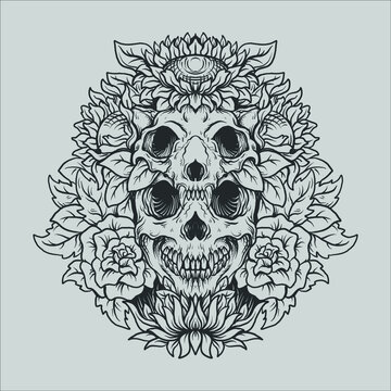 tattoo and t shirt design black and white hand drawn skull and flower engraving ornament