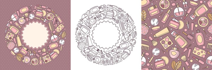 Cosmetics and makeup objects set. Circle colorful and monochrome label with cosmetics products in line art style. As well as seamless pattern as complement for your design. Vector illustration.