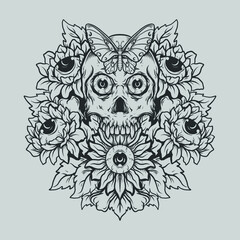 tattoo and t shirt design black and white hand drawn skull butterfly and sun flower engraving ornament