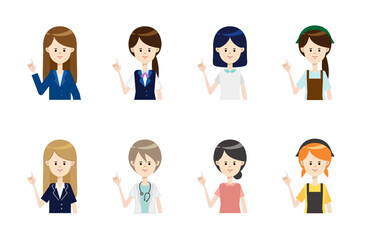 色んな職業の笑顔の女性イラスト（指差しポーズ）