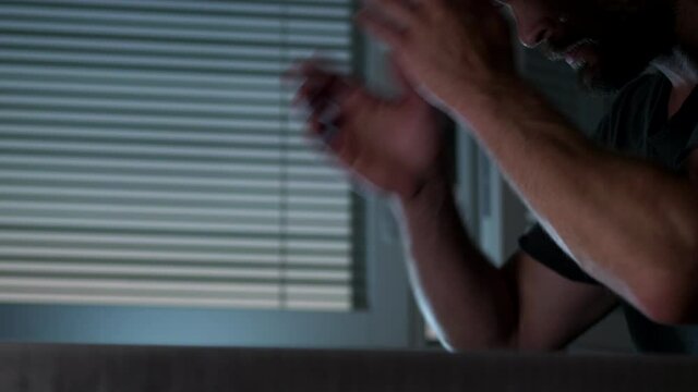 Recieved document makes person sad and anxious, close up