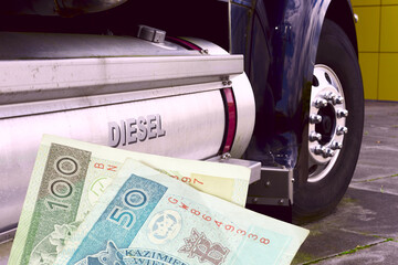Ein LKW, Tank mit Diesel und Geldscheine Polnische Zloty PLN