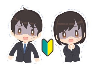 初心者マークと青ざめるビジネスパーソン2人のイラスト