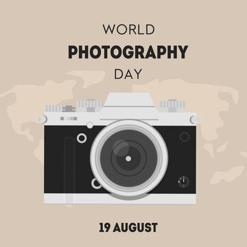 World photography day greeting card. Square banner with a digital camera in retro look with world map on background. Vector illustration in flat cartoon style.