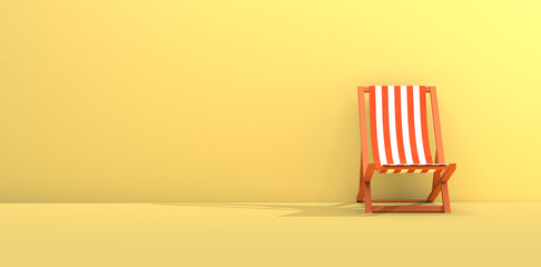 Folding chair with orange stripes on yellow background. Summer concept. 3D rendering. Copy space.