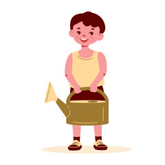 Little boy with a watering can. Vector illustration in flat cartoon style. Isolated on a white background.