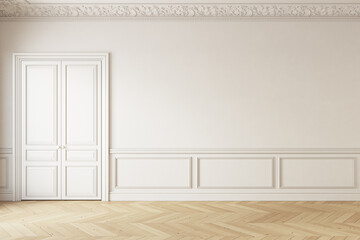 Classic beige interior with door, moldings and parquet. 3d render illustration mockup.