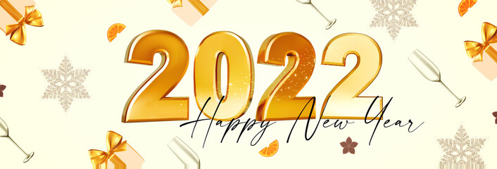 Happy new 2022 year Elegant gold text with snowflakes and gift box. Minimal text template.