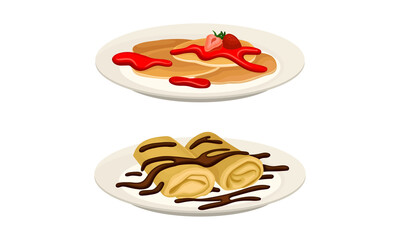 Sweet Crepe or Pancake Served on Plate with Strawberry Jam and Chocolate Vector Set