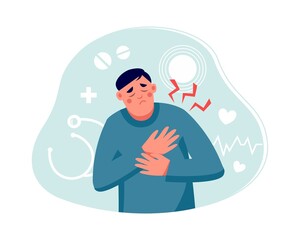 Man with heart attack, pain  touching chest. Heart treatment, health care and disease diagnostic concept. Vector flat illustration. Design for banner, landing page, web background, flyer