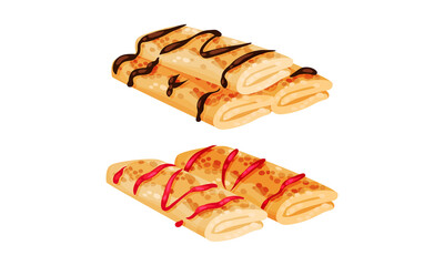 Sweet Crepe or Pancake Served with Berry and Chocolate Filling Vector Set