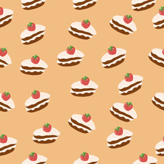 cake with strawberry seamless pattern. hand drawn vector. food, sweets, dessert, textile, fabric, wallpaper, background, wrapping paper.
