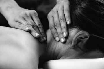 Massaging Woman’s Neck. Deep Tissue Massage.