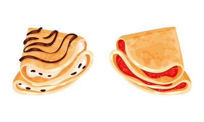 Sweet Crepe or Pancake Served with Cream and Berry Filling Vector Set