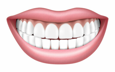 Realistic smile with white teeth, lips and teeth, isolated on white background, 3D vector illustration