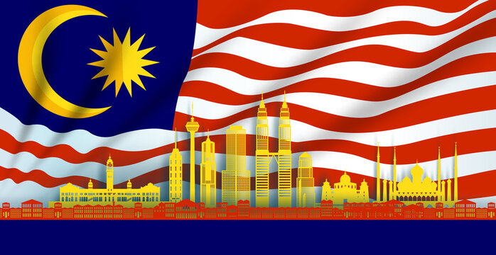 Illustration independence anniversary celebration national day in Malaysia flag background.